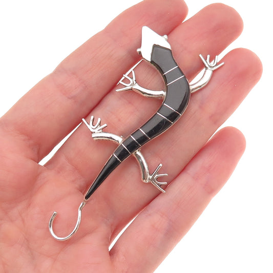 Old Pawn 925 Sterling Silver Vintage Southwestern Black Onyx Lizard Pin Brooch