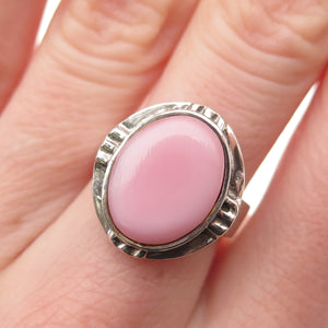 980 Silver Vintage Real Pink MOP Modernist Oxidized Ring Size 6.25