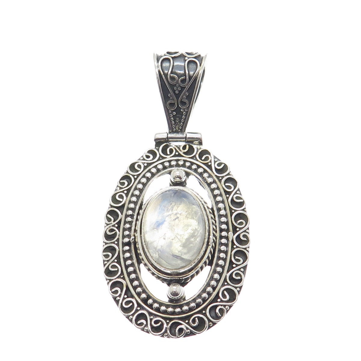 925 Sterling Silver Vintage Real Labradorite Gemstone Boho Ornate Pendant