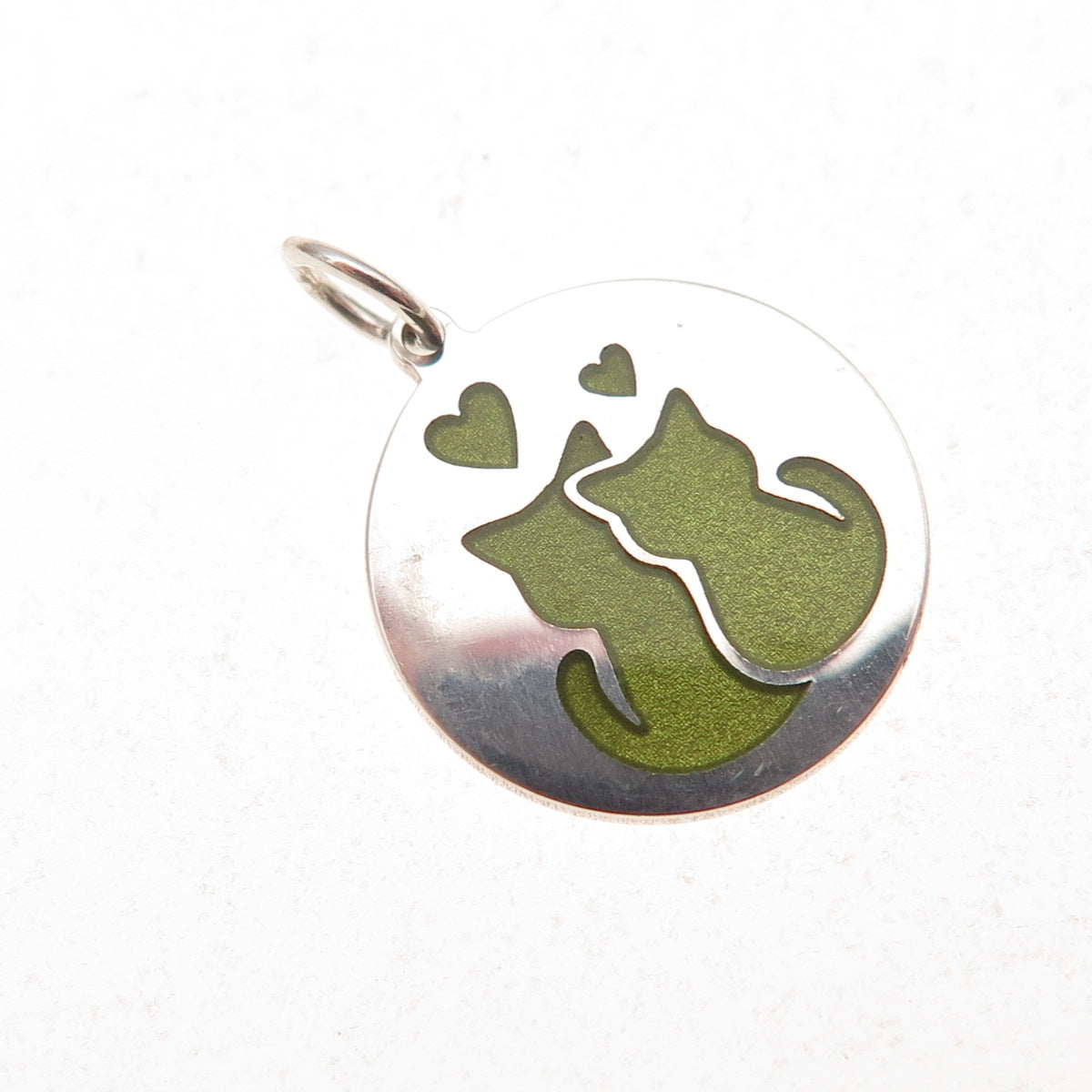 925 Sterling Silver Green Enamel Cat Couple Heart Charm Pendant