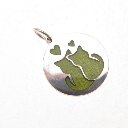 925 Sterling Silver Green Enamel Cat Couple Heart Charm Pendant