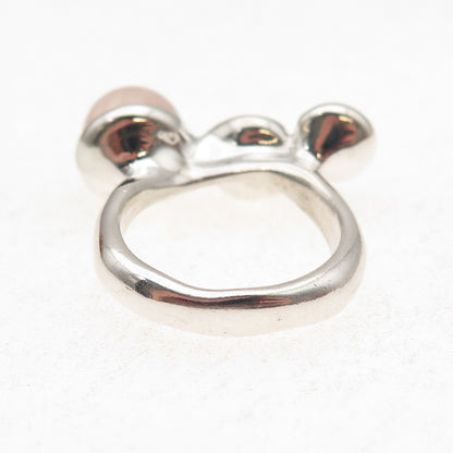 925 Sterling Silver Vintage Real Rose Quartz Jade Pearl Modernist Ring Size 7.75
