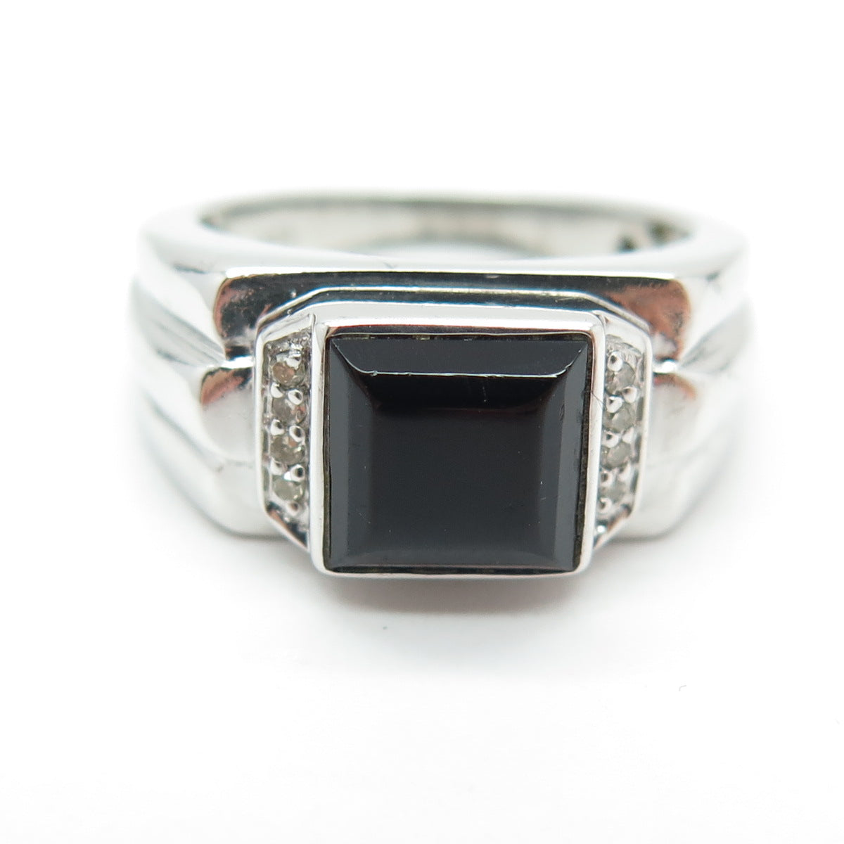 925 Sterling Silver Real Round-Cut Diamond & Black Onyx Ring Size 7