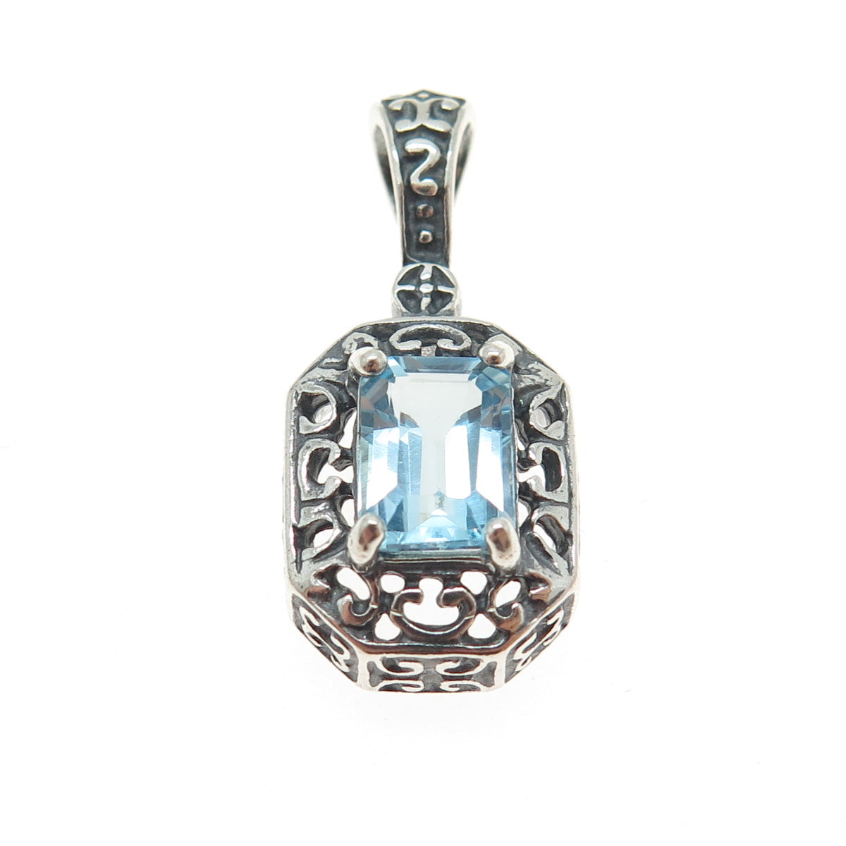 925 Sterling Silver Vintage Real Emerald-Cut Blue Topaz Oxidized Pendant