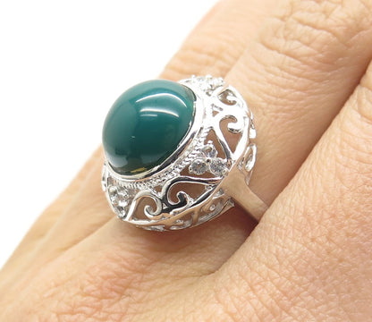 925 Sterling Silver Green Onyx & White Topaz Gem Ornate Swirl Ring Size 7.25