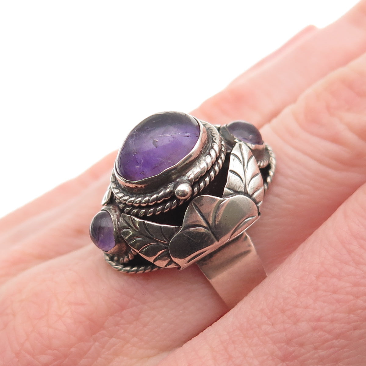 925 Sterling Vintage Mexico Real Amethyst Adjustable Poison Ring Size 7.75