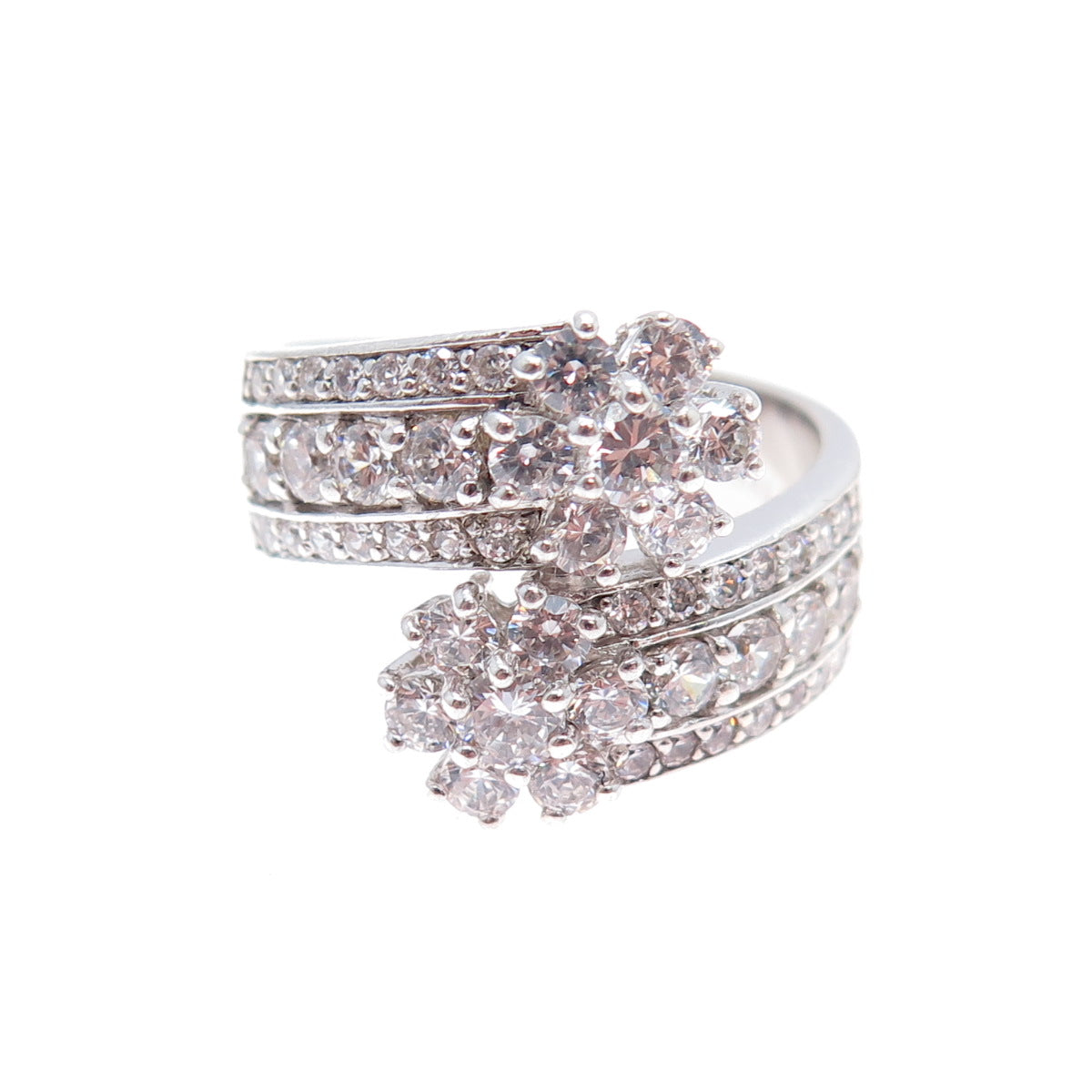 925 Sterling Silver Round-Cut C Z Flower Bypass Ring Size 10.25