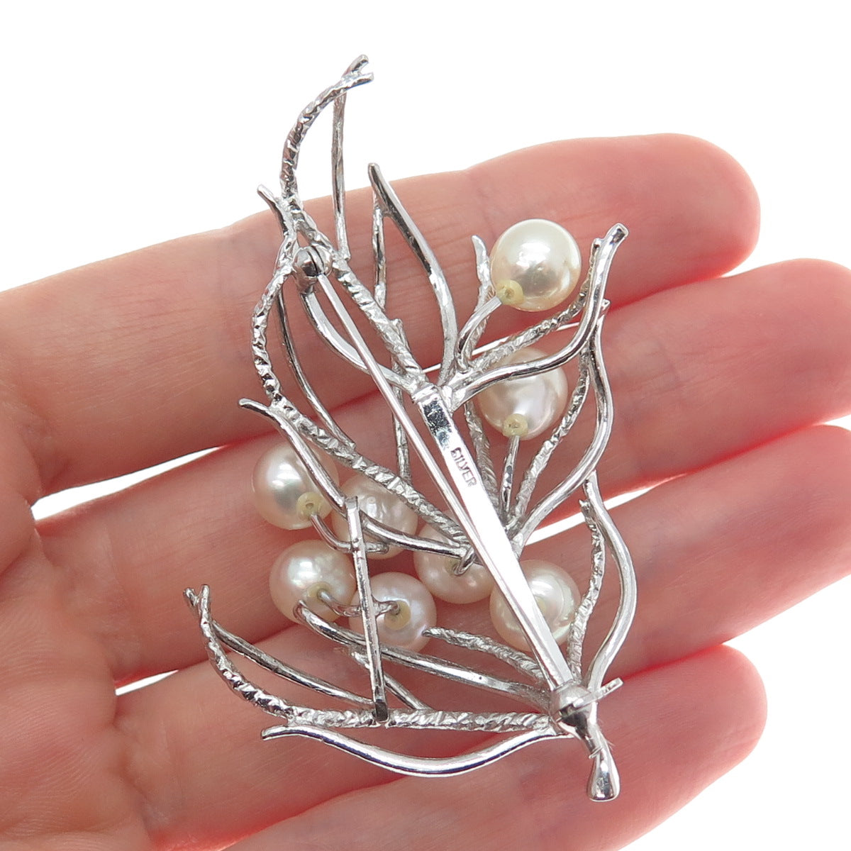 925 Sterling Silver Antique Japan Real Akoya Pearl Twig Pin Brooch