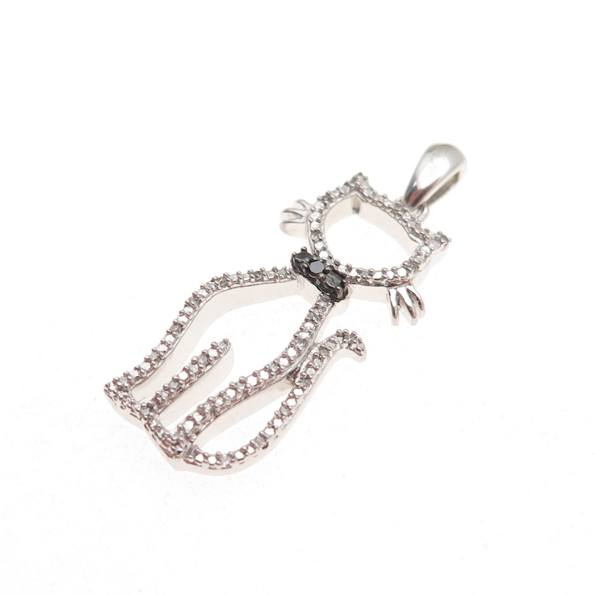 Jane Seymour 925 Sterling Silver Real Black & White Diamond Cat Charm Pendant
