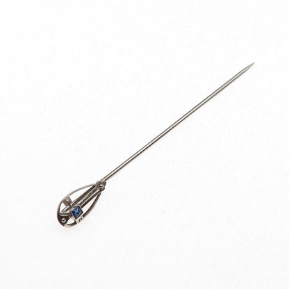 Silver-Plated Antique Art Deco Blue Rhinestone Teardrop Oxidized Lapel Pin
