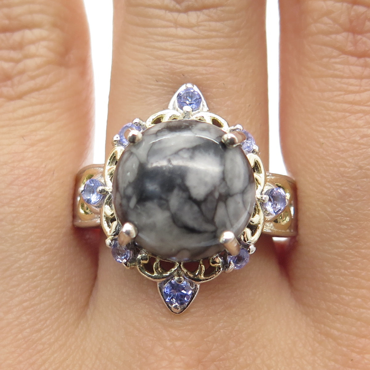 CHUCK CLEMENCY 925 Sterling Silver 2-Tone Obsidian Tanzanite Gem Ring Size 7.25