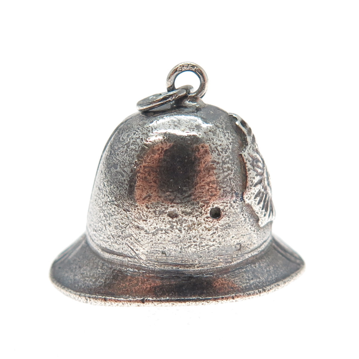 925 Sterling Silver Vintage Fireman Helmet Oxidized Minimalist 3D Charm Pendant