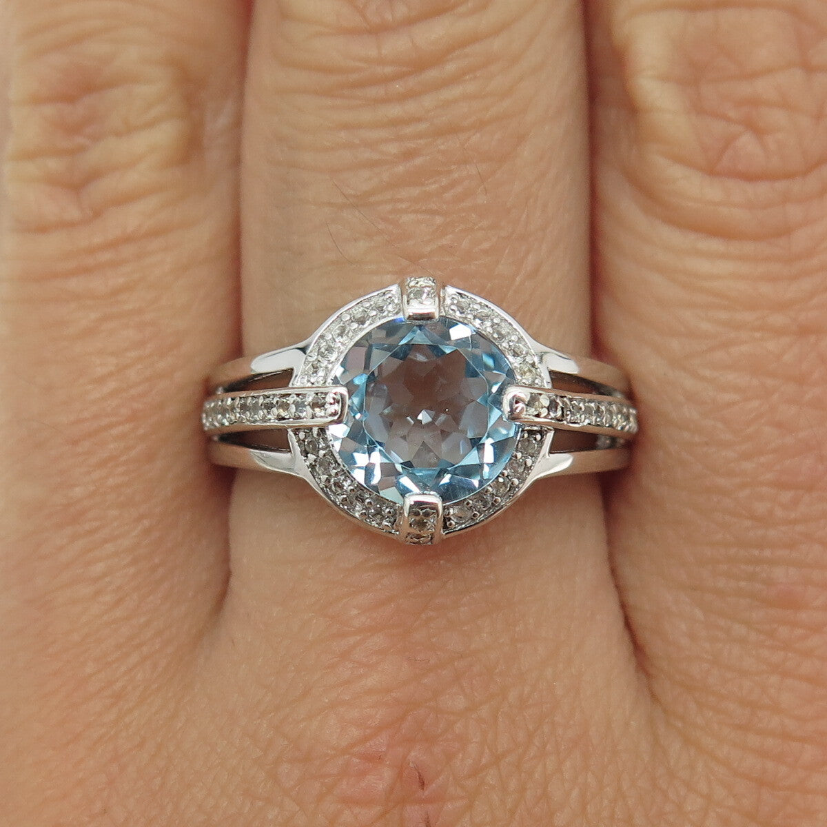 925 Sterling Silver Real White & Blue Topaz Gemstone Ring Size 9.25