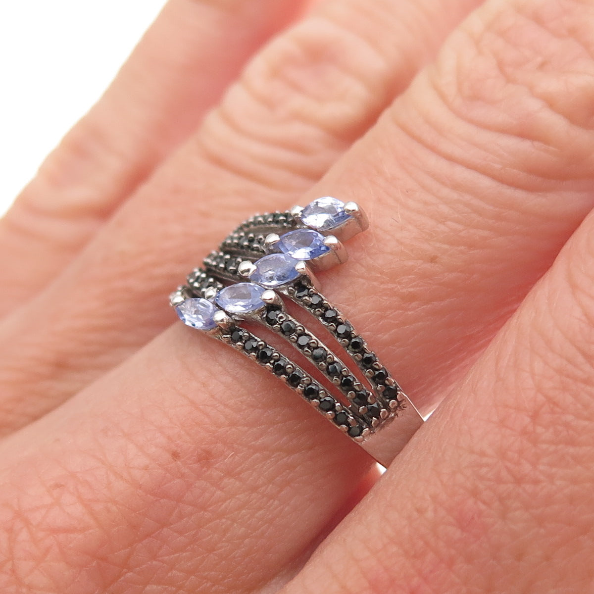 Chuck Clemency 925 Sterling Silver Real Tanzanite & Black Spinel Ring Size 8