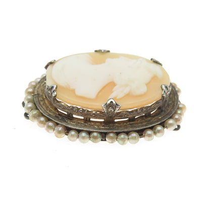 800 Silver Antique Faux Pearl Cameo Victorian Lady Centrepiece Pendant