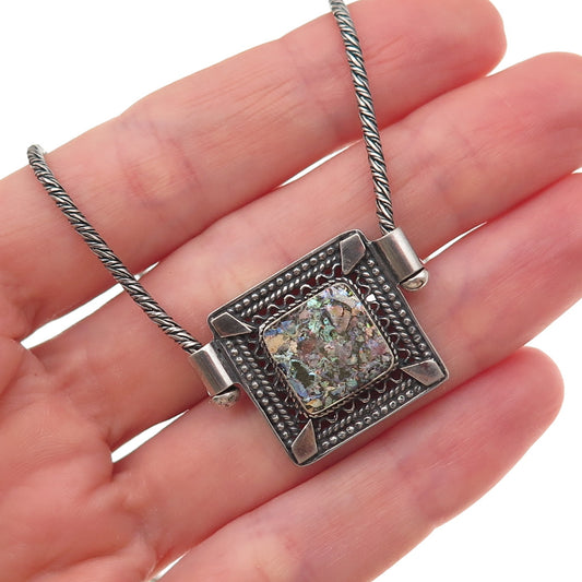 925 Sterling Silver Vintage Roman Glass Oxidized Chain Necklace 18"