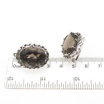 925 Sterling Silver Vintage Real Smoky Quartz Heart Ornate Bezel Earrings
