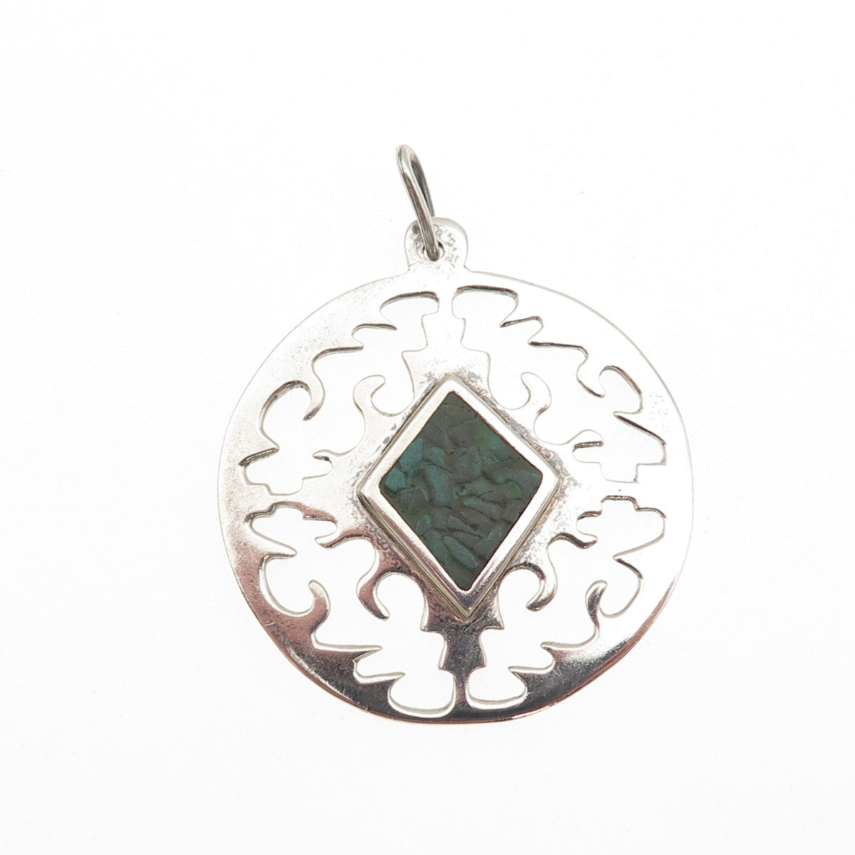 925 Sterling Silver Vintage Real Turquoise Inlay Modernist Pendant