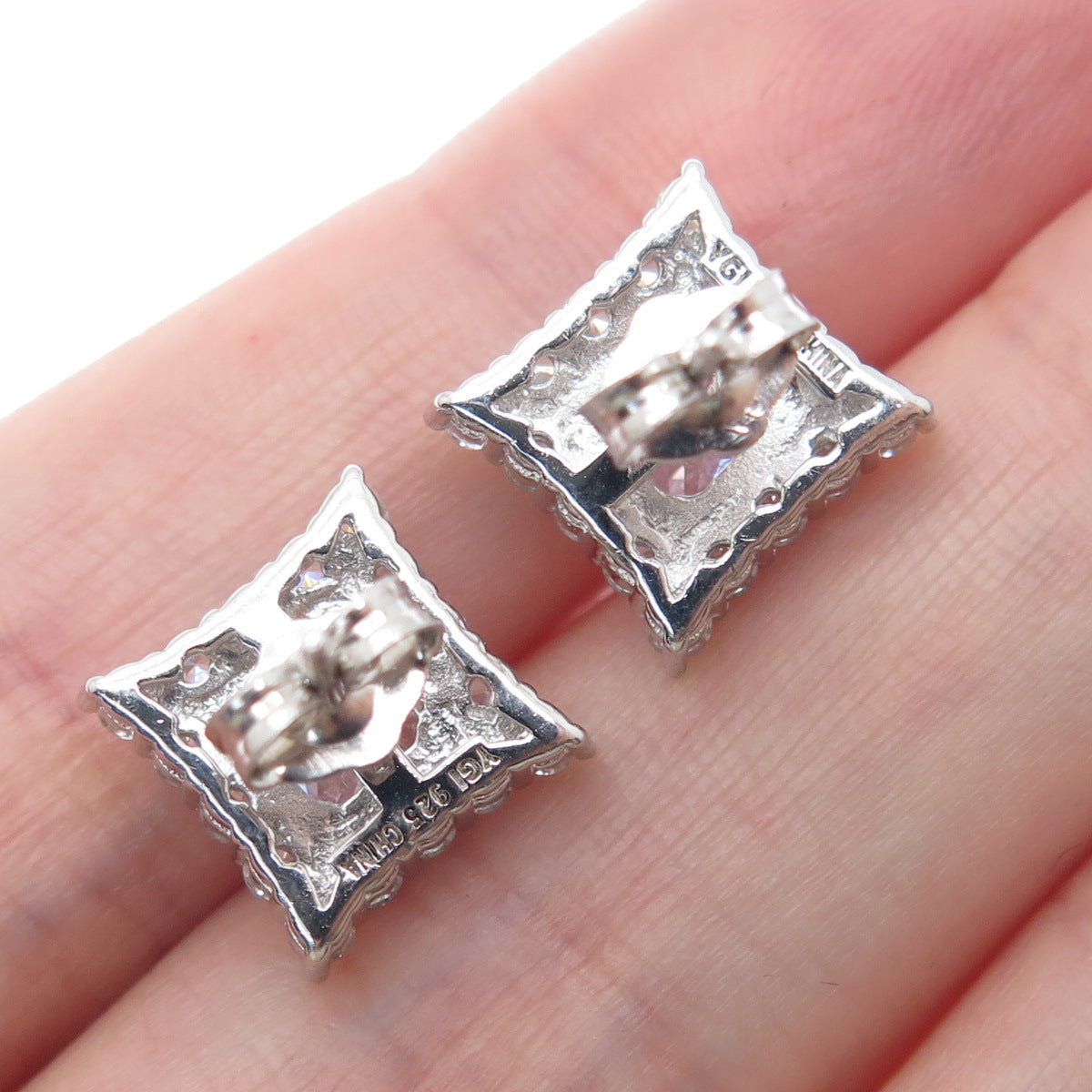 925 Sterling Silver Princess & Round-Cut C Z Sparkle Square Stud Earrings