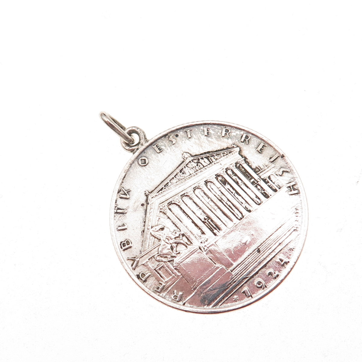 800 Silver Antique 1924 Austrian 1 Schilling Engraved Coin Pendant