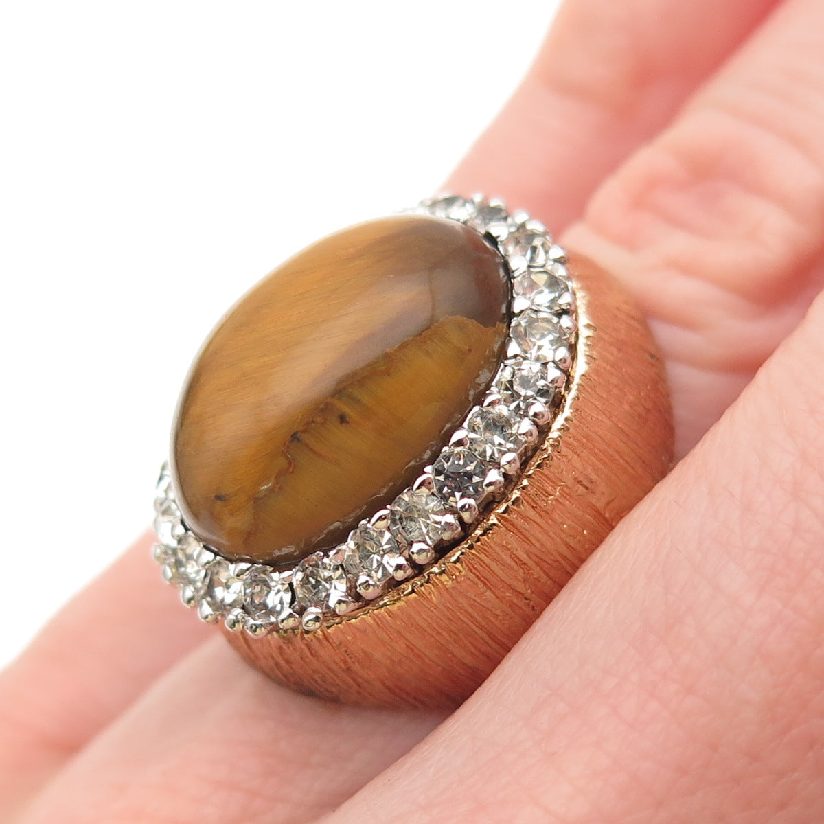 PANETTA Sterling Gold Plated Vintage Real Tiger Eye & Rhinestone Ring Size 6.25