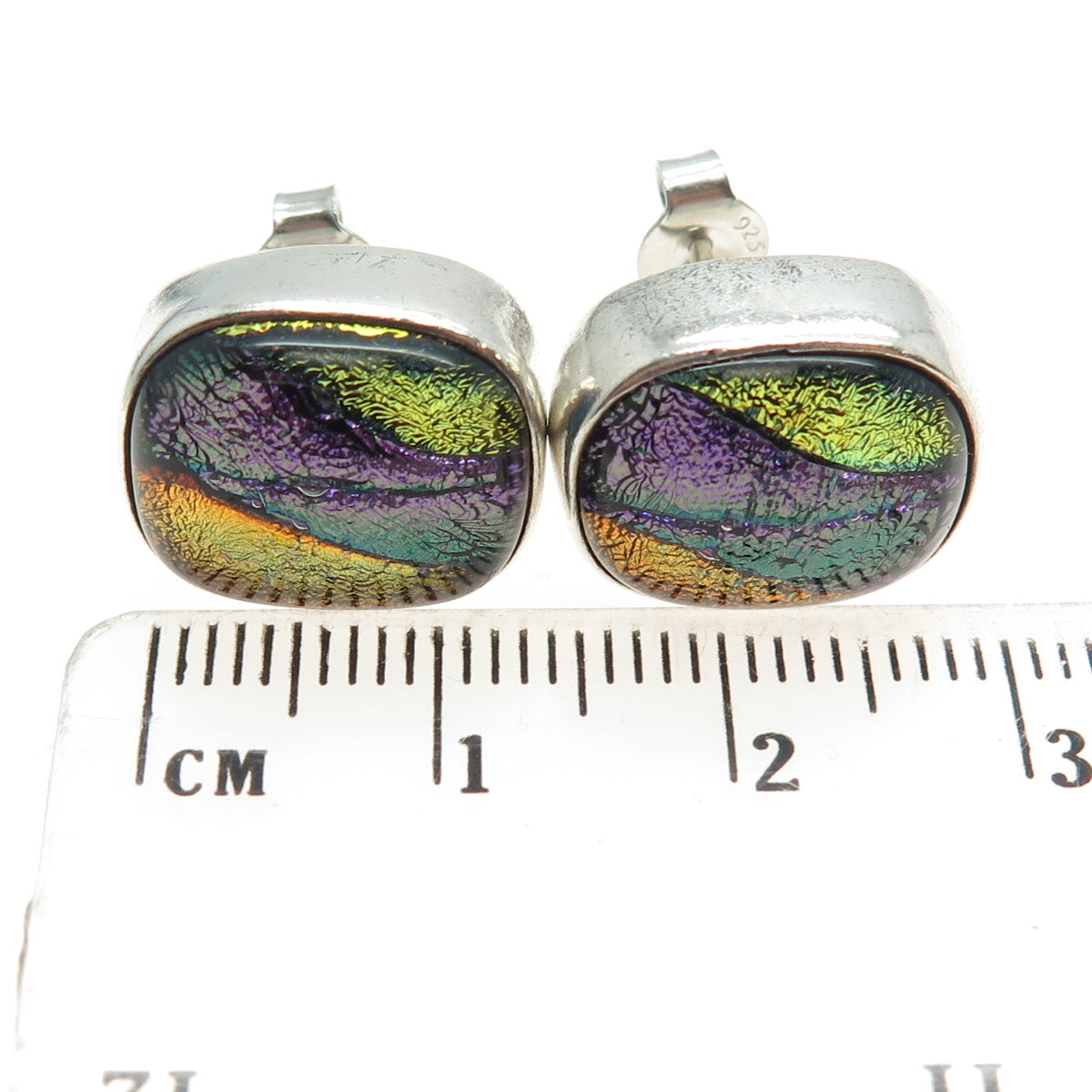 925 Sterling Silver Vintage Mexico Dichroic Glass Cushion Stud Earrings