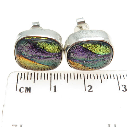 925 Sterling Silver Vintage Mexico Dichroic Glass Cushion Stud Earrings