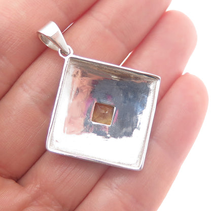 925 Sterling Silver Vintage Real Citrine Ornate Floral Oxidized Charm Pendant
