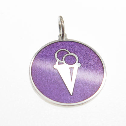 925 Sterling Silver Purple Enamel Ice Cream Round Tag Minimalist Charm Pendant