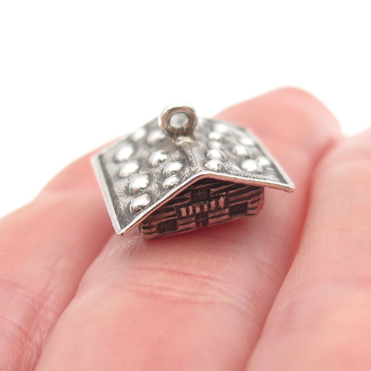 800 Silver Antique Art Deco Swiss Chalet House Oxidized 3D Mini Charm Pendant