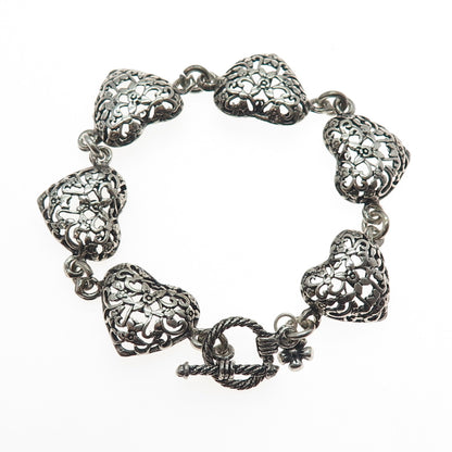 925 Sterling Silver Vintage JRI Ornate Heart Link Oxidized Bracelet 7.25"