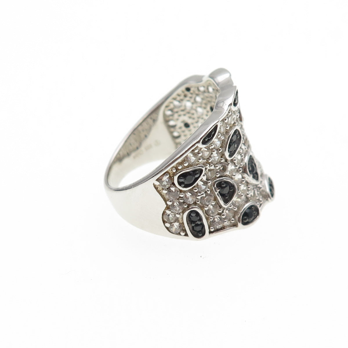 925 Sterling Silver Real Round-Cut Black Spinel & White Topaz Ring Size 7.25