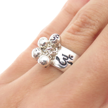 925 Sterling Silver Vintage Om Mantra Dangle Ball Beads Ring Size 6