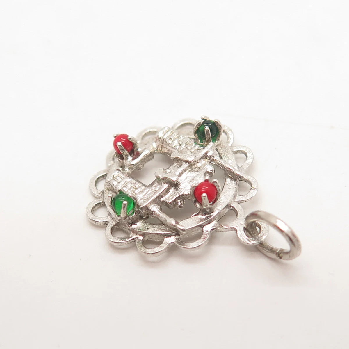 925 Sterling Silver Vintage Green & Red Glass Fireplace Charm Pendant
