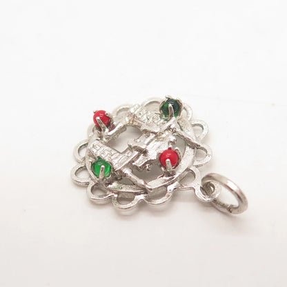 925 Sterling Silver Vintage Green & Red Glass Fireplace Charm Pendant