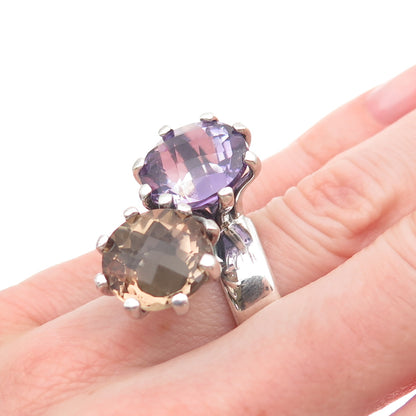 925 Sterling Silver Vintage Real Smoky Quartz & Amethyst Bypass Ring Size 5.75