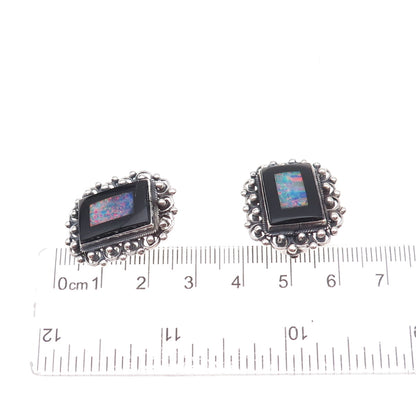 950 Silver Vintage Real Black Onyx & Opal Modernist Oxidized Clip On Earrings