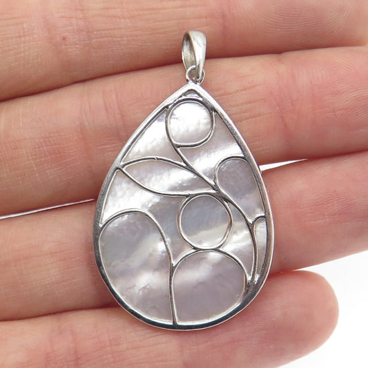 925 Sterling Silver Vintage Real Mother-of-Pearl Ornate Teardrop Pendant