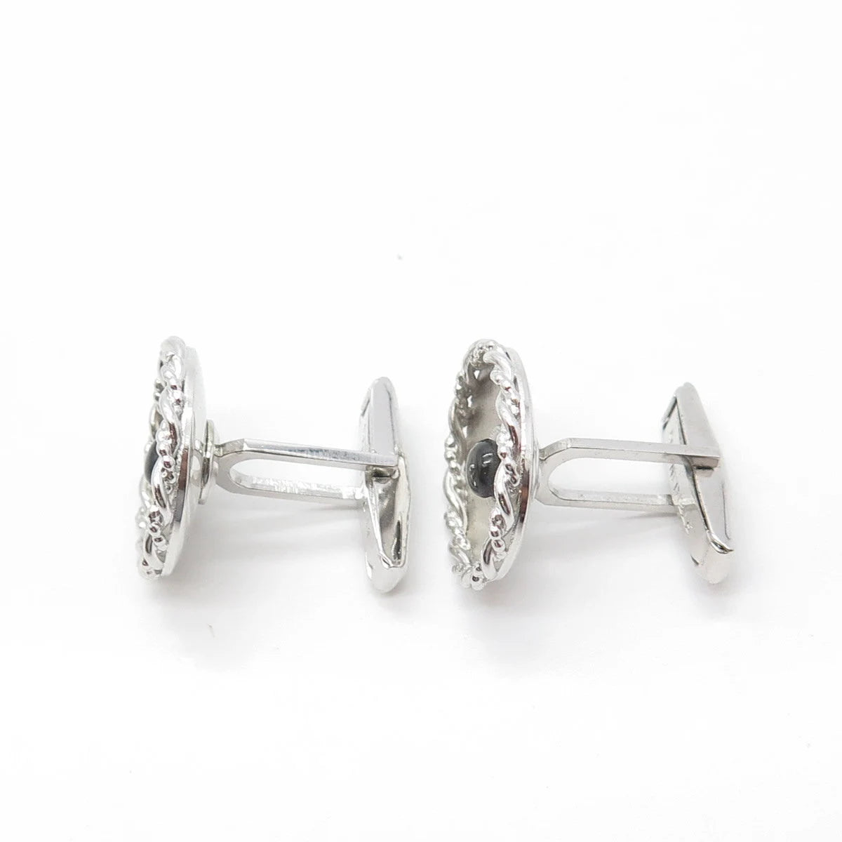 925 Sterling Silver Vintage Real Cabochon Sapphire Gem Swirl Round Cufflinks