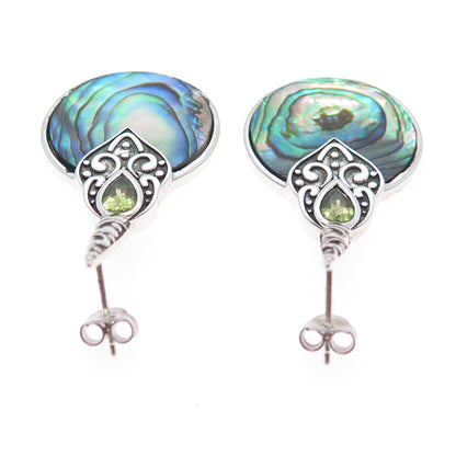 925 Sterling Silver Vintage Real Abalone Shell & Peridot Ornate Dangle Earrings