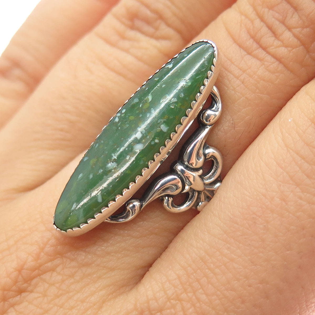 925 Sterling Silver Antique Art Deco Real Serpentine Ornate Ring Size 7