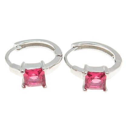 925 Sterling Silver Princess-Cut Pink C Z Hoop Earrings