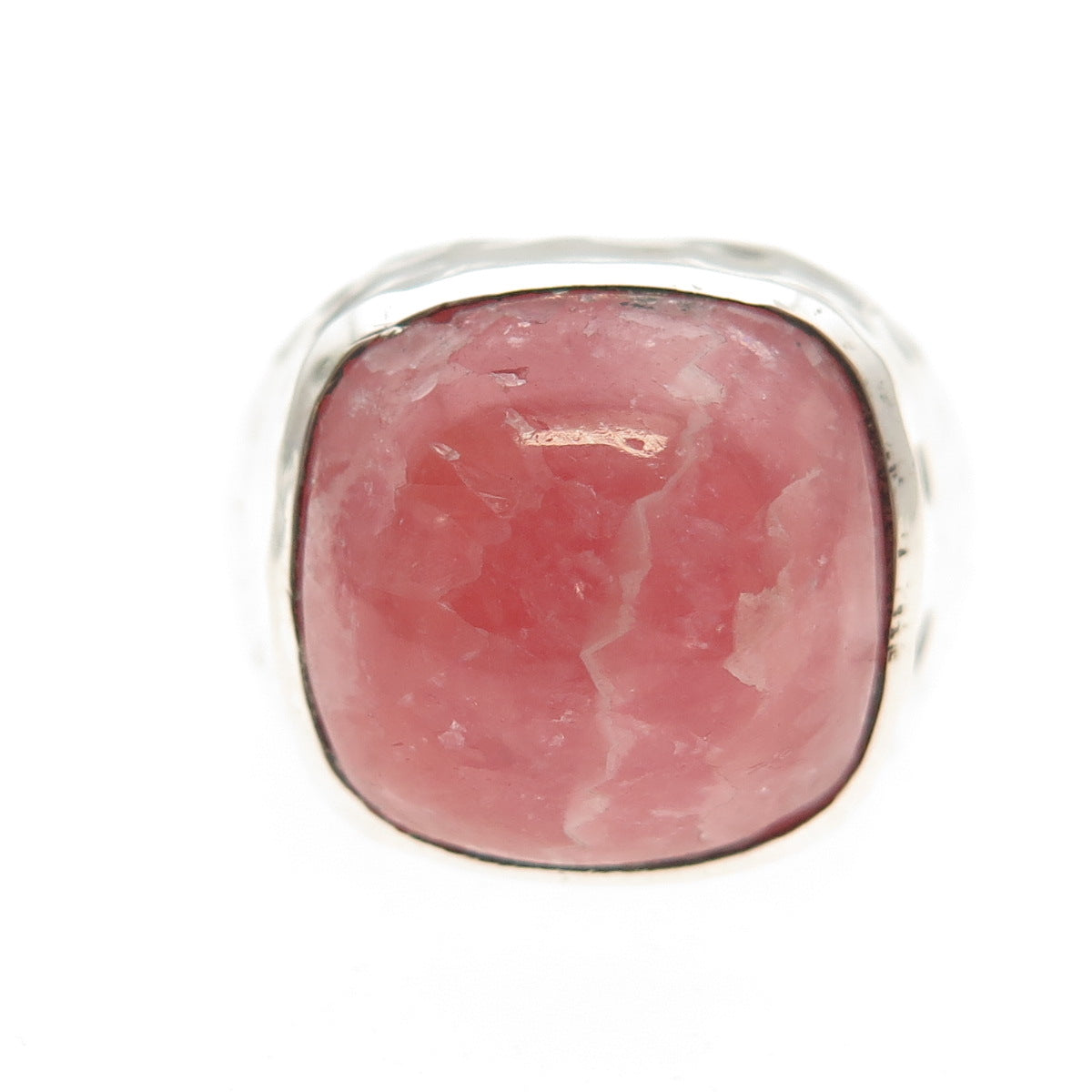 925 Sterling Silver Vintage Real Rhodochrosite Modernist Hammered Ring Size 8.25