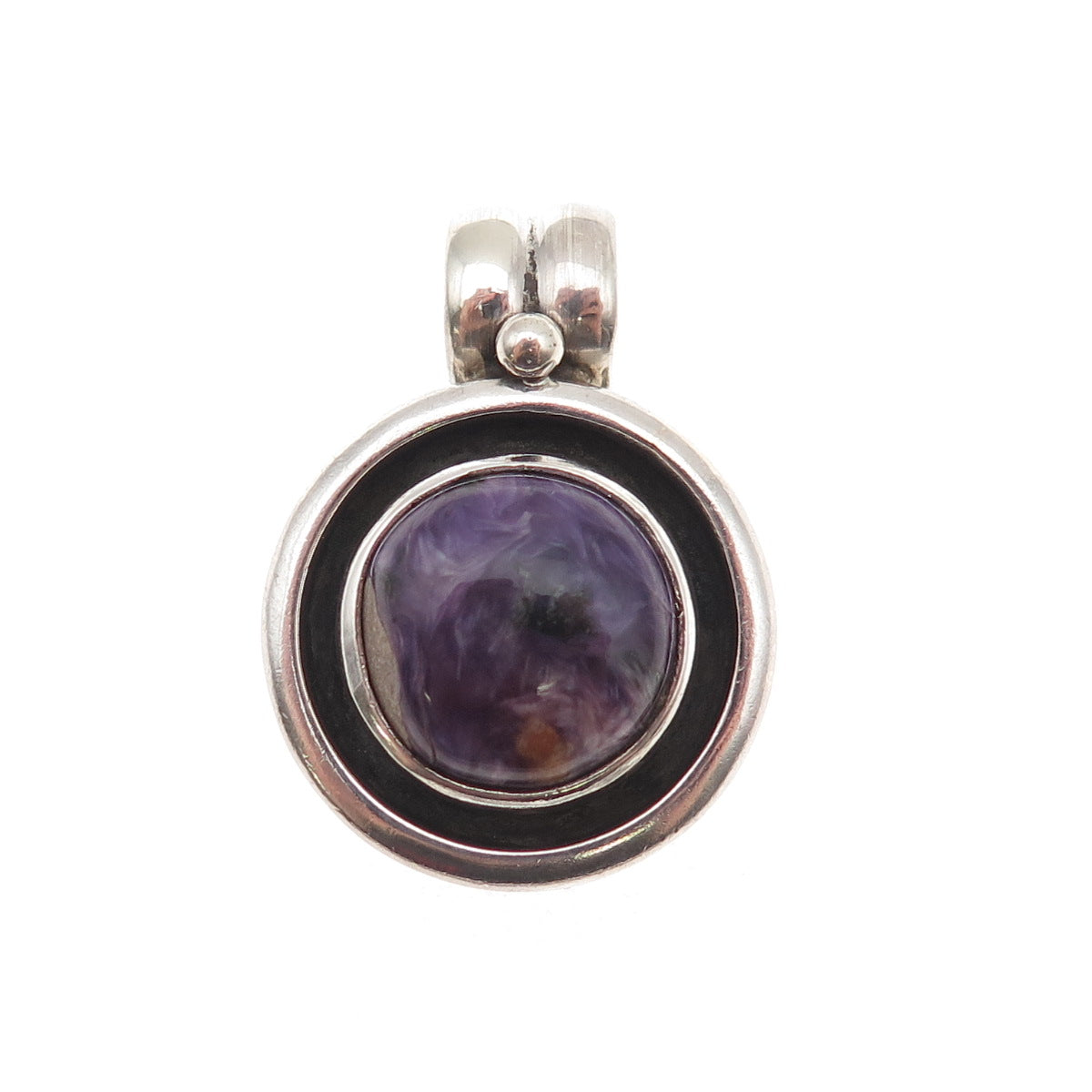925 Sterling Silver Vintage Real Charoite Modernist Oxidized Charm Pendant