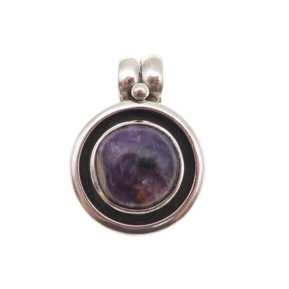 925 Sterling Silver Vintage Real Charoite Modernist Oxidized Charm Pendant
