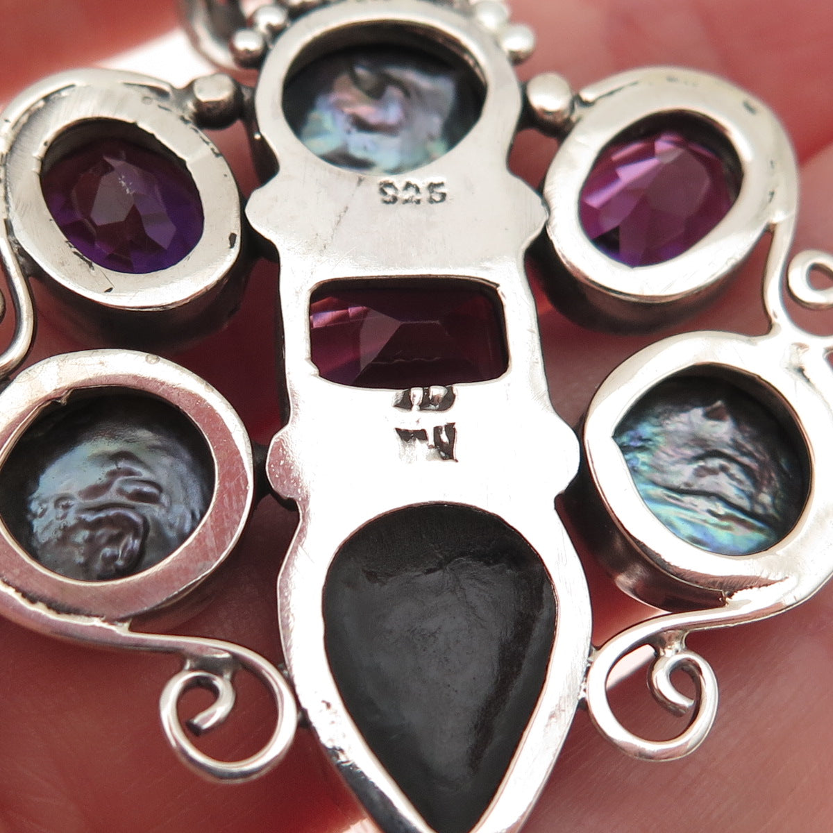 925 Sterling Silver Vintage Real Amethyst Pearl & MOP Modernist Cluster Pendant