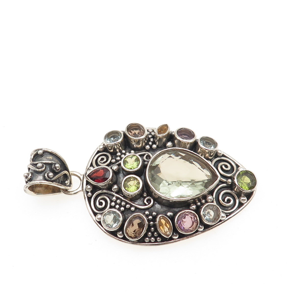 NATHI Sterling Silver Vintage Real Topaz Amethyst Peridot Quartz Garnet Pendant