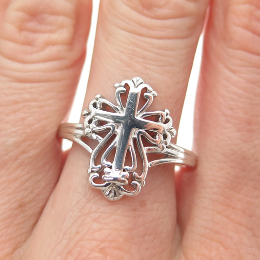 925 Sterling Silver Vintage Ornate Floral Cross Ring Size 10.25