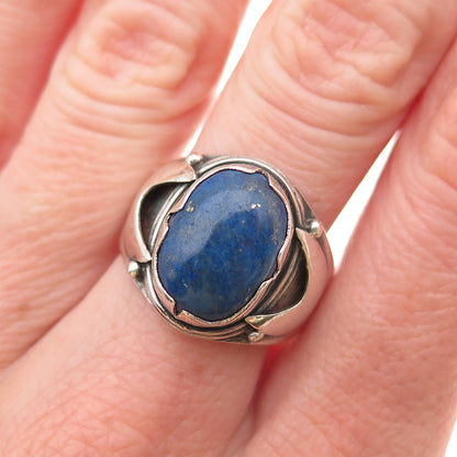 925 Sterling Silver Vintage Real Lapis Modernist Oxidized Ring Size 8.75