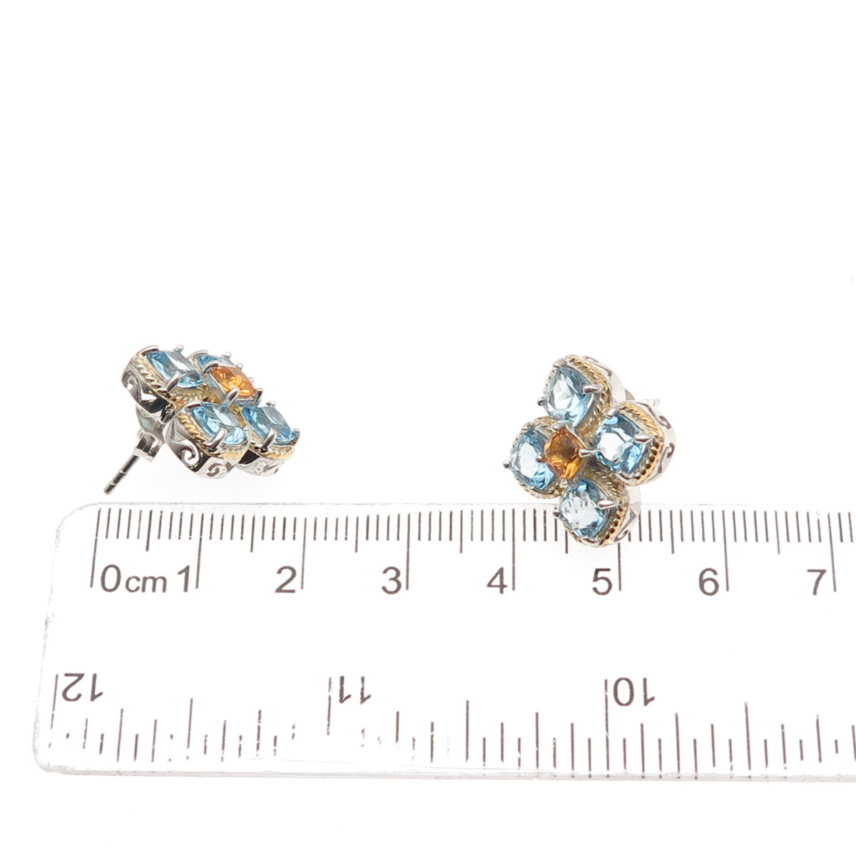 FADI 925 Sterling Silver 2-Tone Real Blue Topaz & Citrine Flower Earrings